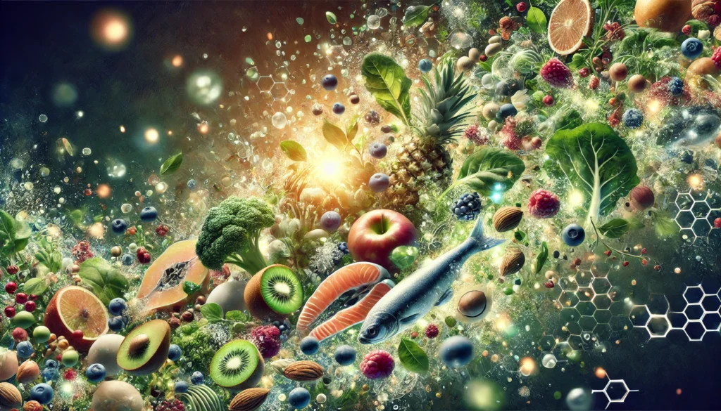 An artistic digital depiction of bioavailable nutrients, showing fresh berries, leafy greens, nuts, and fish dissolving into a glowing cellular structure. The scene emphasizes enhanced nutrient absorption through a fusion of light, natural textures, and scientific innovation