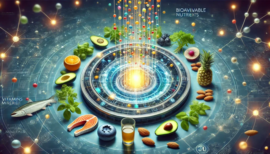 Unlocking the Power of Bioavailable Nutrients: A Guide to Essential Vitamin Supplements 2 A futuristic digital representation of bioavailable nutrients, featuring a glowing high-tech visualization of vitamins and minerals being absorbed at the cellular level. Surrounding the central process are fresh foods like avocados, blueberries, salmon, and almonds, symbolizing natural nutrient sources