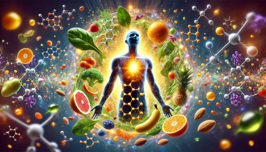 Unlocking the Power of Bioavailable Nutrients: A Guide to Essential Vitamin Supplements 3 A visually striking digital artwork of a radiant human silhouette absorbing energy from swirling natural foods like spinach, citrus fruits, nuts, and fish. Glowing molecular structures of vitamins and minerals float around the figure, symbolizing optimal nutrient absorption and vitality in a wellness-inspired setting