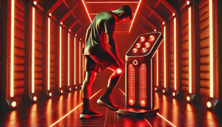 A high-performance athlete using a red light lamp in a sleek, high-tech sports recovery room. The warm red LED lights create an advanced and scientific atmosphere, emphasizing the benefits of red light therapy for muscle regeneration