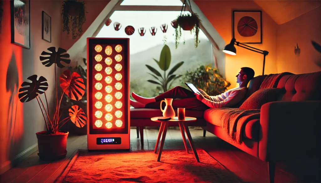 Boost Athletic Recovery with Red Light LED Lights: The Science Behind Faster Regeneration 1 A person resting in a cozy home setting while using a red light LED light for muscle recovery. The soft red glow highlights a sense of relaxation and well-being, showing how everyday individuals incorporate red light therapy into their recovery routines