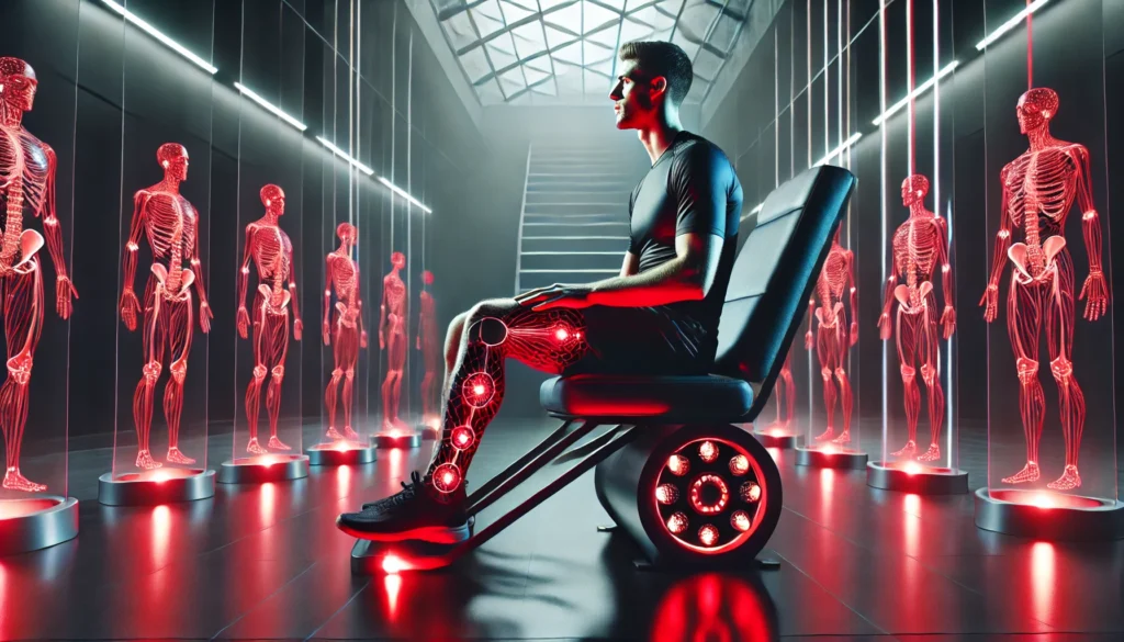 Boost Athletic Recovery with Red Light LED Lights: The Science Behind Faster Regeneration 2 A professional athlete receiving red light therapy in a modern sports rehabilitation facility. The athlete is surrounded by strategically placed red light LED lights, illustrating the use of cutting-edge technology for faster muscle recovery and enhanced athletic performance.
