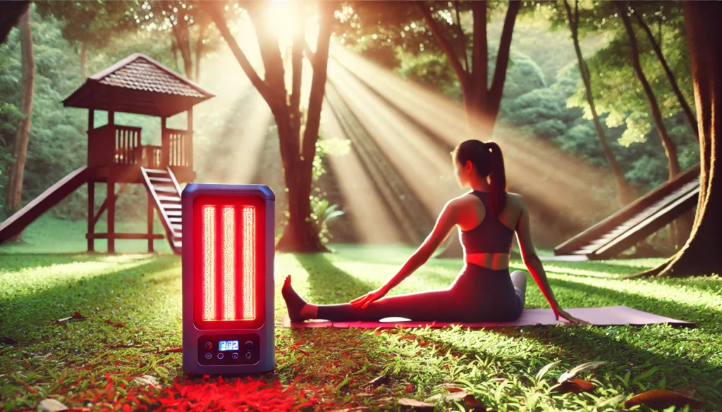 Boost Athletic Recovery with Red Light LED Lights: The Science Behind Faster Regeneration 3 A person stretching outdoors while using a portable red light therapy device. The serene natural background blends technology with nature, emphasizing a balanced and healthy lifestyle that supports recovery and performance optimization