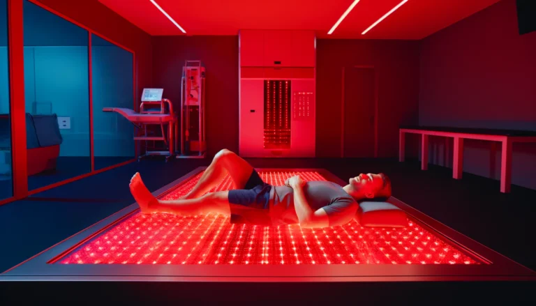 A professional athlete lying on a red light therapy mat in a modern recovery room. The mat emits a soothing red glow, aiding full-body muscle recovery. The high-tech setting features advanced recovery equipment.