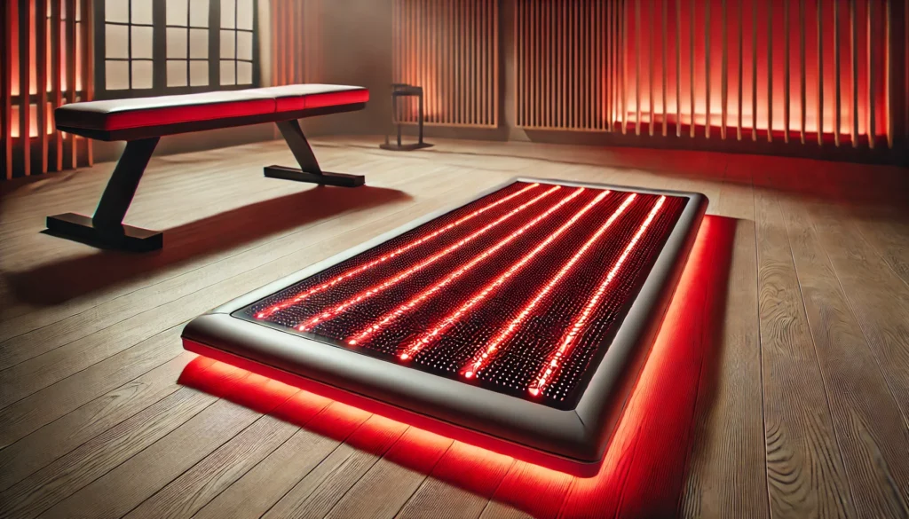 Boost Athletic Recovery & Performance with the Best Red Light Therapy Mat 1 A close-up of a red light therapy mat glowing with infrared light in a modern home gym. The mat is unoccupied, showcasing its sleek design and cutting-edge technology. Various fitness and recovery equipment are visible in the background.