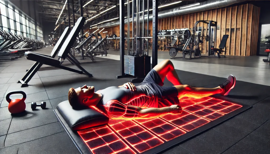 Boost Athletic Recovery & Performance with the Best Red Light Therapy Mat 2 A fitness enthusiast using a red light therapy mat after an intense workout in a high-end gym. The person is lying relaxed on the mat while the red light enhances muscle recovery. The gym has an advanced, clean, and modern aesthetic.