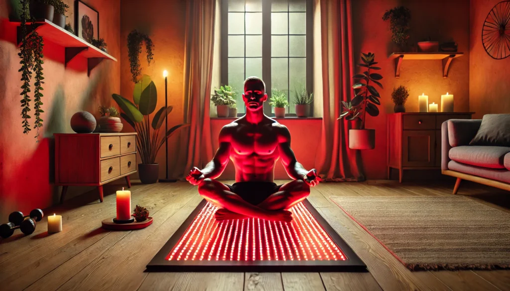 Boost Athletic Recovery & Performance with the Best Red Light Therapy Mat 3 An athlete meditating on a red light therapy mat in a serene home environment. The mat emits a soft red glow, creating a relaxing ambiance. The wellness-focused room includes yoga accessories, plants, and warm lighting.