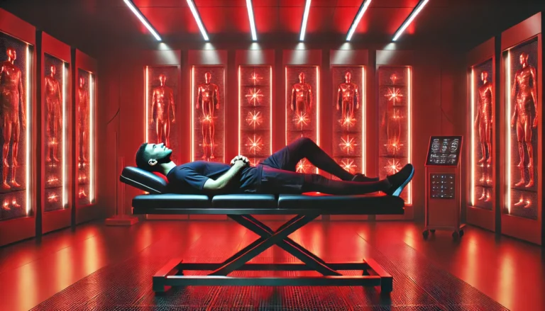 A high-tech athletic recovery room featuring red light therapy panels, where a professional athlete is lying on a recovery table bathed in deep red light, surrounded by advanced fitness equipment.