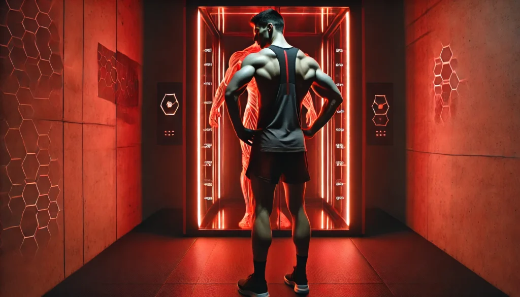 Unlocking Peak Performance: The Athletic Recovery Benefits of 660nm Red Light Therapy 1 A strong, muscular runner in a futuristic training facility, standing before a large red light therapy panel that enhances muscle recovery, with a sleek, high-tech ambiance and glowing red lighting.