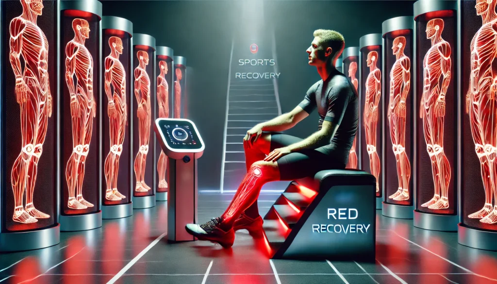Unlocking Peak Performance: The Athletic Recovery Benefits of 660nm Red Light Therapy 2 A professional cyclist seated in a futuristic sports recovery center, using red light therapy on their legs, with an intense red glow highlighting muscle relaxation and a high-tech recovery environment.