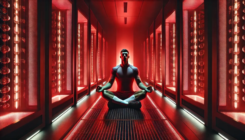 Unlocking Peak Performance: The Athletic Recovery Benefits of 660nm Red Light Therapy 3 An elite athlete meditating in a futuristic sports recovery room, bathed in a calming red light therapy glow, emphasizing both mental and physical rejuvenation in a high-tech wellness environment.