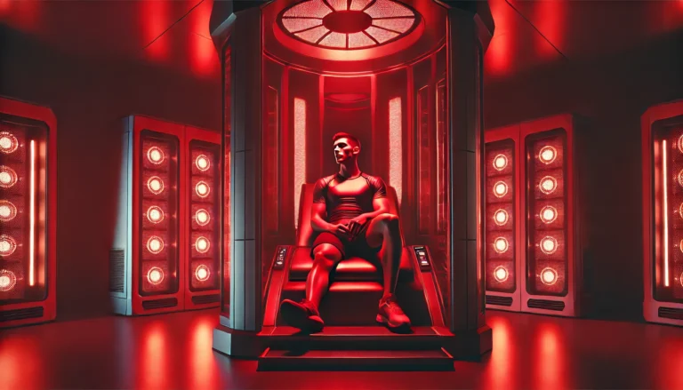 A futuristic athletic recovery center bathed in deep red light, where a fit athlete sits in a high-tech chamber illuminated by red and near-infrared therapy panels, highlighting relaxation and muscle recovery.