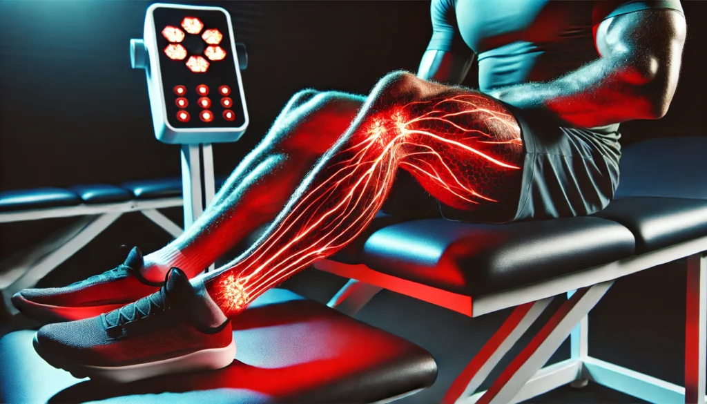 Red Light Therapy Before and After: How It Enhances Athletic Recovery & Regeneration 1 A close-up of an athlete’s muscular leg receiving red light therapy, showing enhanced blood circulation and tissue regeneration under glowing red healing lights in a professional sports therapy setting.