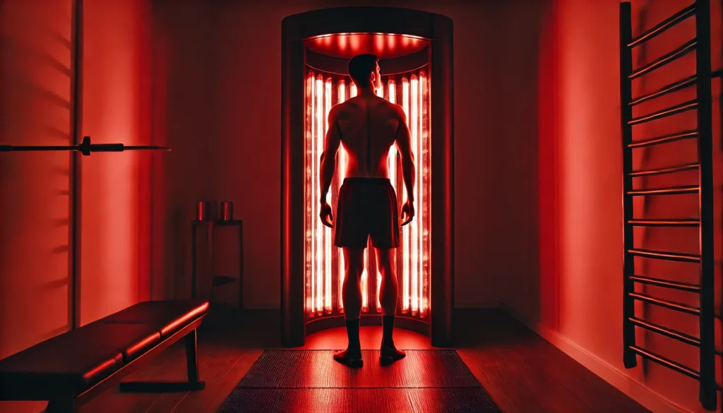 Red Light Therapy Before and After: How It Enhances Athletic Recovery & Regeneration 2 An athlete standing in front of a full-body red light therapy panel in a dimly lit recovery room, enveloped in a calming red glow that emphasizes post-workout muscle recovery and regeneration.