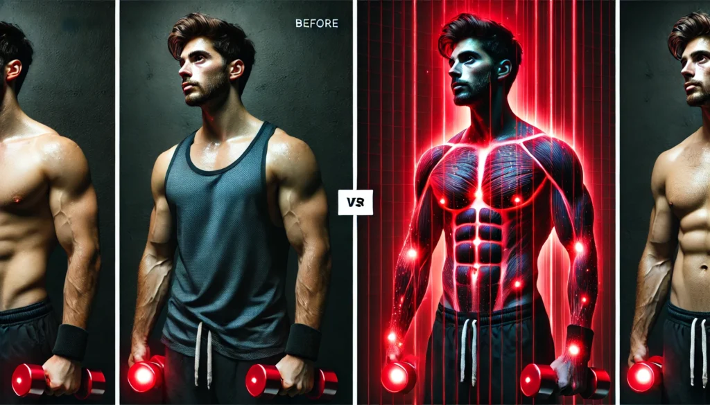 Red Light Therapy Before and After: How It Enhances Athletic Recovery & Regeneration 3 A side-by-side comparison of an athlete before and after red light therapy, with fatigue and soreness on the left and rejuvenation with improved muscle tone on the right under vibrant red healing lights.