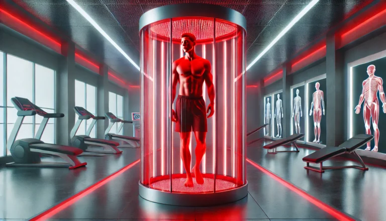 A futuristic wellness center featuring a full-body red light therapy chamber emitting a soft red glow, enveloping an athletic individual. The setting is sleek and modern, emphasizing advanced sports recovery and muscle regeneration.