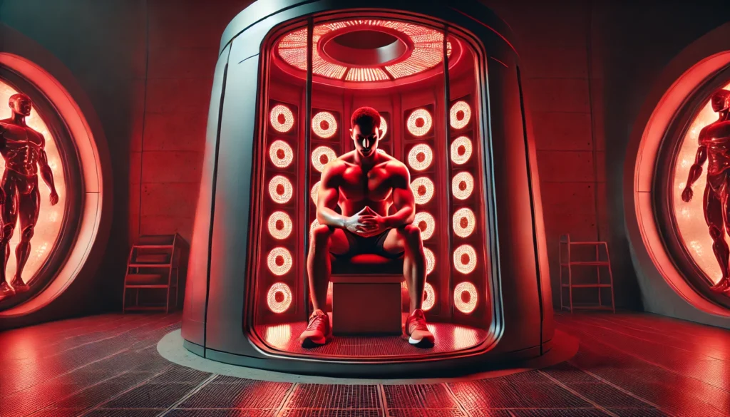 Full Body Red Light Therapy Before and After: How It Enhances Athletic Recovery & Regeneration 2 An athlete sitting inside a futuristic red light therapy chamber, recovering after an intense workout. The red light enhances circulation and muscle relaxation, set in a high-end sports therapy facility with cutting-edge equipment.