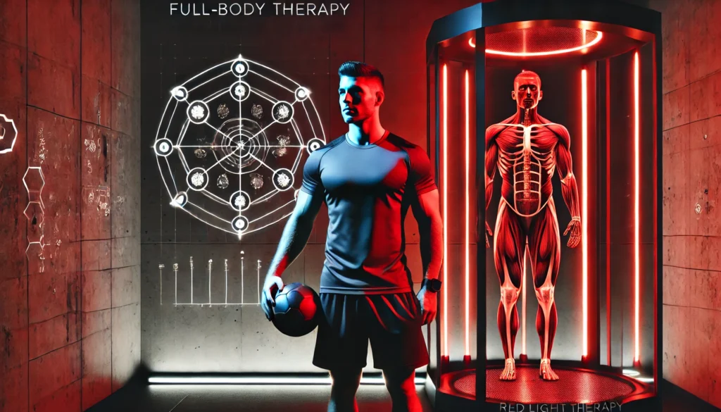Full Body Red Light Therapy Before and After: How It Enhances Athletic Recovery & Regeneration 3 A high-performance athlete standing confidently after a full-body red light therapy session. Muscles appear well-defined and recovered in a sleek, modern red light therapy room, symbolizing the benefits of athletic recovery and regeneration.