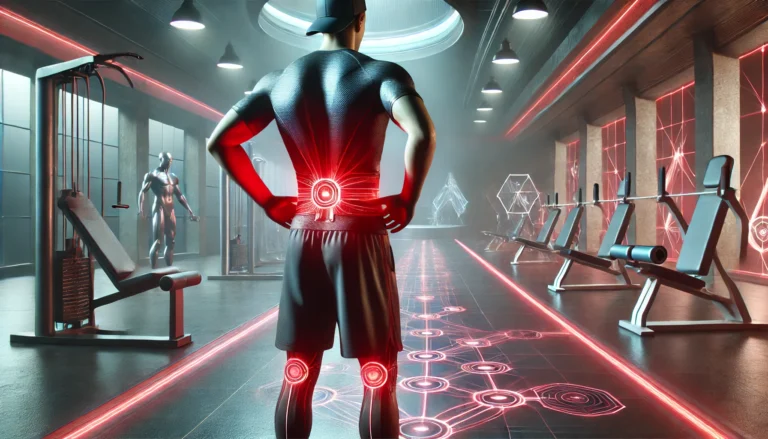 A high-tech gym setting featuring an athlete using a red light therapy belt around their waist, with a glowing red aura symbolizing muscle recovery and performance enhancement.