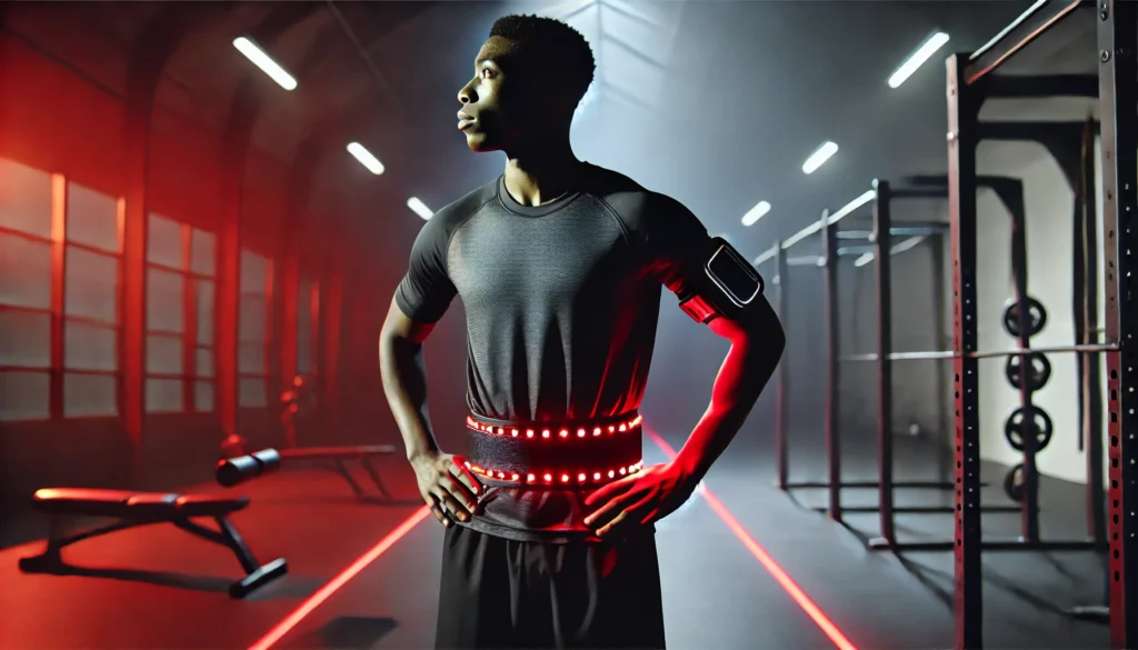 Boost Athletic Recovery with the Best Red Light Therapy Belt for Weight Loss and Performance Enhancement 1 A professional athlete performing post-workout stretches while wearing a red light therapy belt, emitting a soft glow that highlights its role in muscle recovery and regeneration.