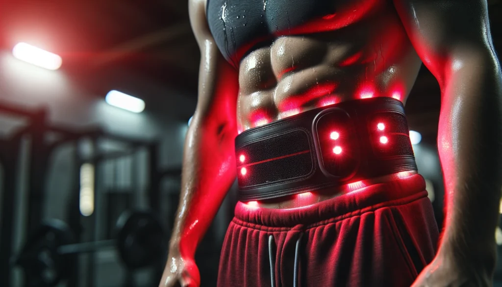 Boost Athletic Recovery with the Best Red Light Therapy Belt for Weight Loss and Performance Enhancement 2 A close-up view of a red light therapy belt wrapped around an athlete’s midsection, glowing red against a high-performance training facility backdrop, emphasizing fat loss and muscle repair.