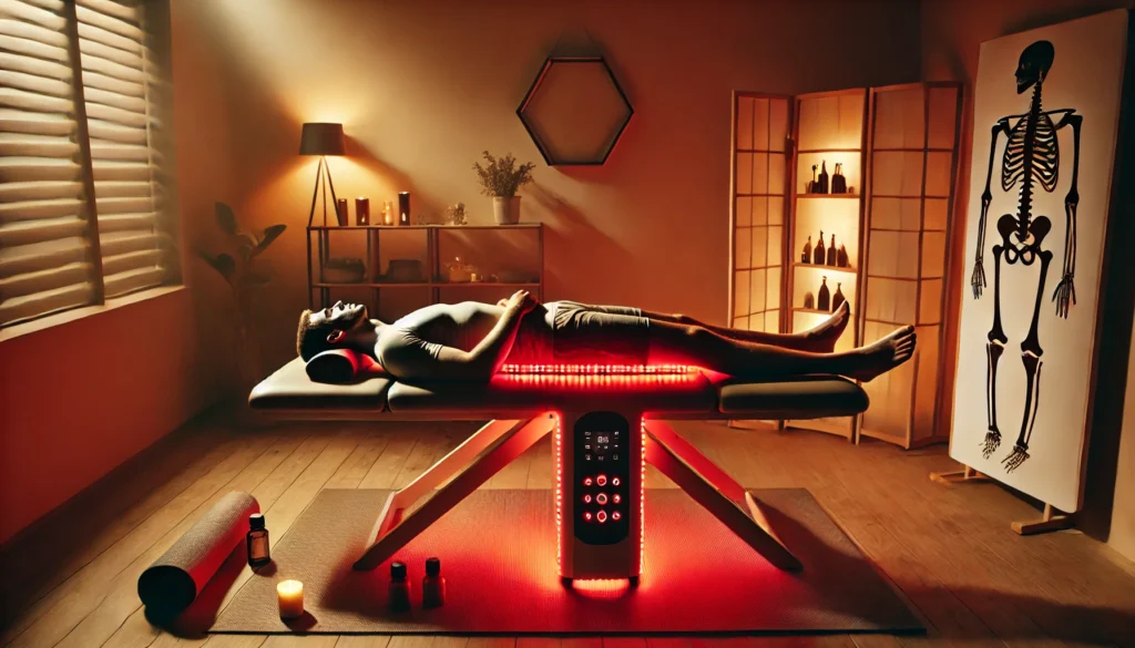Boost Athletic Recovery with the Best Red Light Therapy Belt for Weight Loss and Performance Enhancement 3 A peaceful wellness recovery room where an athlete reclines on a therapy table, using a red light therapy belt surrounded by relaxation elements, reinforcing weight loss and self-care benefits.