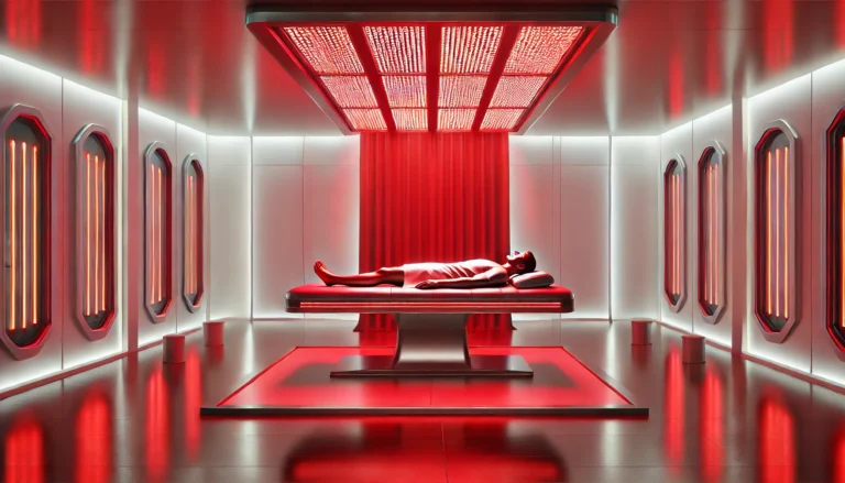 A futuristic wellness clinic featuring a high-tech red light therapy session. A person is lying on a sleek therapy bed, bathed in a soft red glow from overhead LED panels, emphasizing relaxation, skin rejuvenation, and muscle recovery.