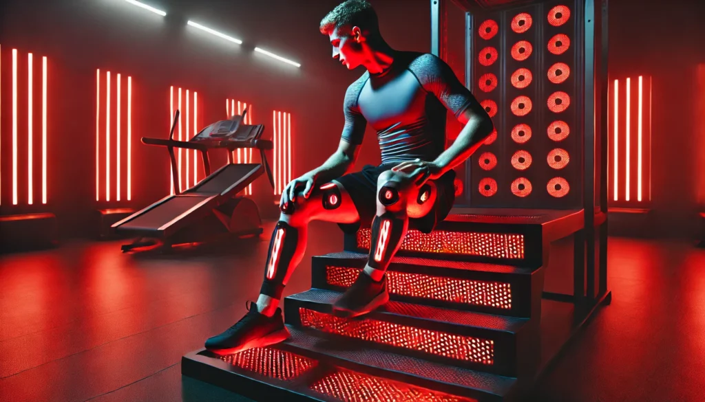Red Light Therapy Cellulite Before and After: How This Treatment Boosts Athletic Recovery & Regeneration 2 A serene wellness spa where a person is receiving red light therapy for cellulite treatment. The red light panels emit a warm glow, covering the legs, creating a calming atmosphere that highlights the therapy's benefits for skin texture improvement and relaxation.