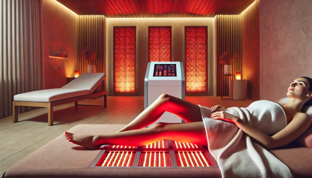 Red Light Therapy Cellulite Before and After: How This Treatment Boosts Athletic Recovery & Regeneration 3 A modern spa environment where a person is lying down, receiving red light therapy. The soothing red light panels target the legs, promoting cellulite reduction, improved skin elasticity, and overall relaxation in a luxurious wellness setting.