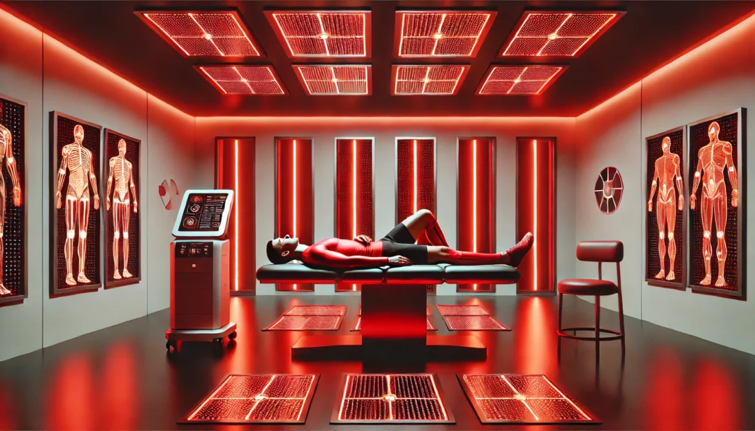 An athlete lies on a treatment table bathed in a warm red glow from advanced LED panels, highlighting the benefits of red light therapy for athletic recovery and skin regeneration.