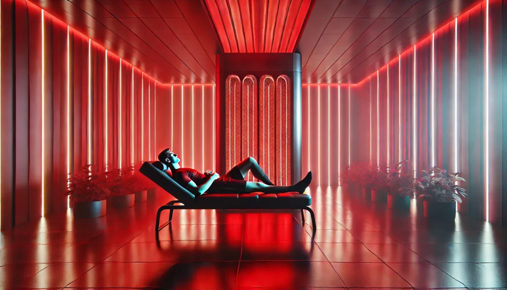 Red Light Therapy for Eczema: How It Supports Athletic Recovery & Skin Regeneration 2 The tranquil setting and soft red glow emphasize the role of red light for eczema and muscle recovery in a modern wellness space.