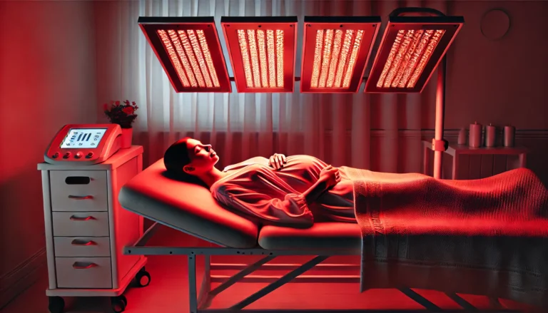 A serene wellness clinic where a pregnant woman is receiving red light therapy. She lies on a treatment bed, bathed in a warm red glow from specialized light panels, in a calm and professional environment designed for relaxation and safety.