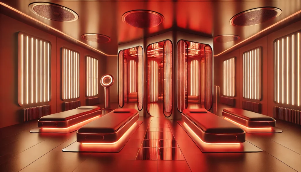 Is Red Light Therapy Safe During Pregnancy? Exploring Its Role in Athletic Recovery & Regeneration 1 A futuristic wellness room illuminated with advanced red light therapy panels. The warm and inviting atmosphere emphasizes relaxation, muscle recovery, and the benefits of non-invasive therapy in a modern setting