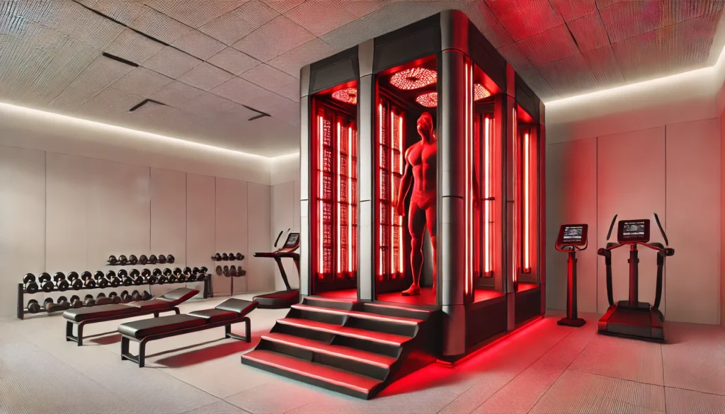 Is Red Light Therapy Safe During Pregnancy? Exploring Its Role in Athletic Recovery & Regeneration 2 A high-tech sports recovery center featuring state-of-the-art red light therapy equipment. Designed for athletes, the sleek and modern space includes red light panels positioned for full-body muscle regeneration, highlighting innovation in sports wellness.