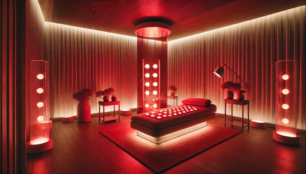 Is Red Light Therapy Safe During Pregnancy? Exploring Its Role in Athletic Recovery & Regeneration 3 A tranquil spa room with soft ambient lighting where red light therapy is applied. The warm red illumination creates a peaceful setting, enhancing relaxation, muscle recovery, and overall wellness.