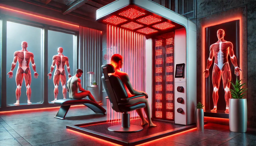 Red Light Therapy for Hair Loss: How This Cutting-Edge Treatment Boosts Athletic Recovery & Regeneration 2 An athlete receiving red light therapy for muscle recovery in a futuristic rehabilitation center. The individual is lying on a treatment table under a large red light panel, which emits therapeutic red light to promote muscle regeneration. The setting is modern and high-tech, with advanced sports recovery equipment.