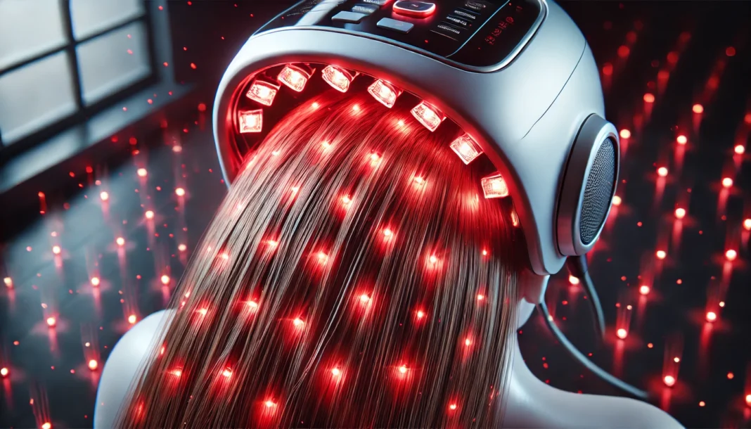 A close-up of a high-tech red light therapy helmet with glowing red LEDs emitting therapeutic light onto the scalp. The advanced device is designed for hair regrowth, stimulating follicles in a sleek, modern environment.