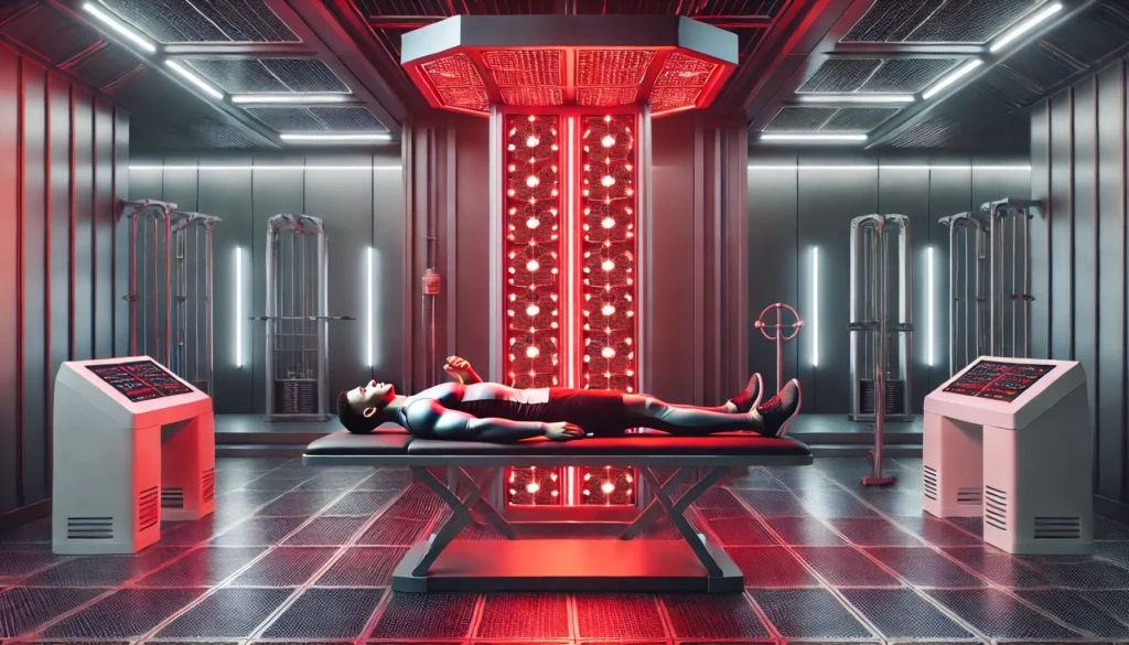 Red Light Therapy for Hair Loss: How This Cutting-Edge Treatment Boosts Athletic Recovery & Regeneration 3 An athlete receiving red light therapy for muscle recovery in a futuristic rehabilitation center. The individual is lying on a treatment table under a large red light panel, which emits therapeutic red light to promote muscle regeneration. The setting is modern and high-tech, with advanced sports recovery equipment.