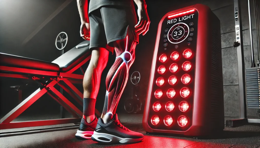 Red Light Therapy for Hair Loss: How This Cutting-Edge Treatment Boosts Athletic Recovery & Regeneration 1 close-up of red light therapy being applied to an athlete's legs for post-workout recovery. A sleek red light panel emits deep red and infrared light, targeting muscle tissues to reduce soreness and accelerate healing. The setting is a high-tech sports therapy center with advanced rehabilitation equipment
