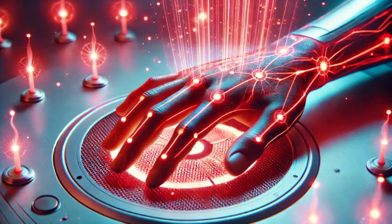 A close-up of a hand bathed in ultra red light therapy, surrounded by glowing energy waves representing cellular healing and recovery.
