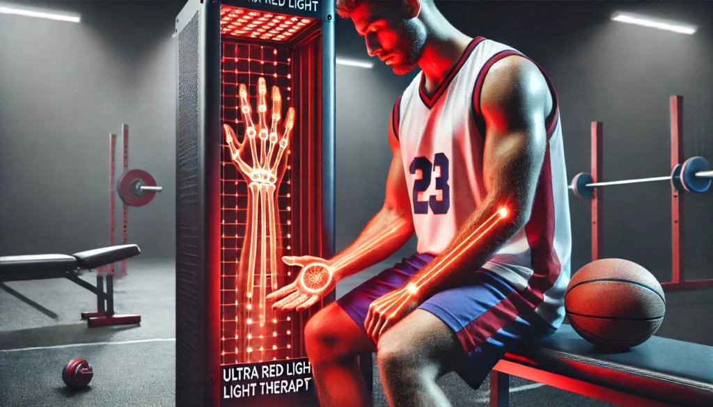 Ultra Red Light Therapy for Hand Recovery: Boost Healing and Enhance Athletic Performance 1 An athlete undergoing ultra red light therapy for hand recovery, with a red light therapy panel emitting powerful healing light in a high-performance recovery setting.