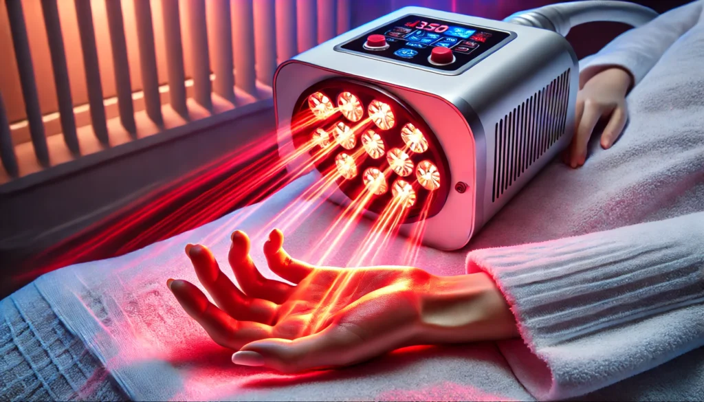 Ultra Red Light Therapy for Hand Recovery: Boost Healing and Enhance Athletic Performance 2 A medical-grade ultra red light therapy device emitting concentrated red and near-infrared light over a human hand in a professional treatment facility.