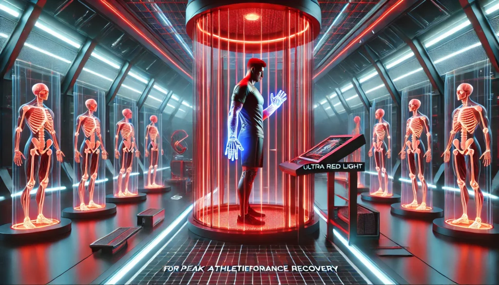 Ultra Red Light Therapy for Hand Recovery: Boost Healing and Enhance Athletic Performance 3 A futuristic sports rehabilitation center where an athlete is receiving ultra red light therapy for hand recovery, highlighting advanced athletic performance recovery technology.