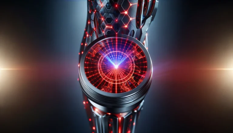 A futuristic depiction of red light therapy being applied to an athlete's knee, with a glowing red light panel emitting therapeutic rays in a high-tech sports recovery setting