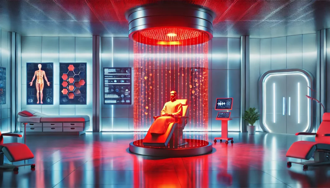 A futuristic medical therapy room where a patient is undergoing red light therapy. The glowing red light panel illuminates the patient’s skin, creating a serene and healing ambiance in a high-tech clinical setting.