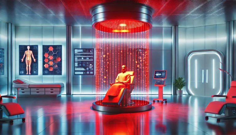 A futuristic medical therapy room where a patient is undergoing red light therapy. The glowing red light panel illuminates the patient’s skin, creating a serene and healing ambiance in a high-tech clinical setting.