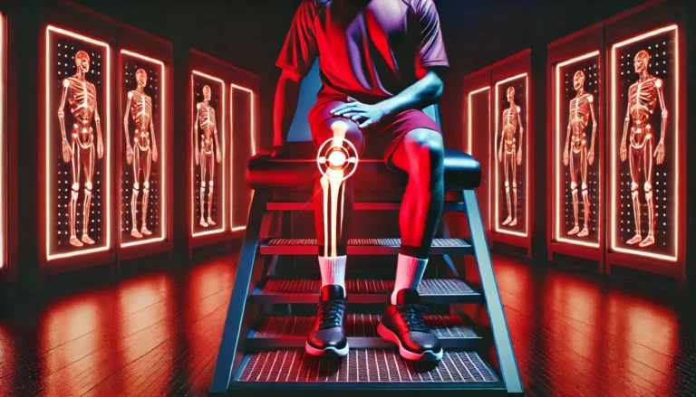 A futuristic therapy session where an athlete receives red light therapy on their injured knee, illuminated by a deep red glow in a high-tech sports recovery center