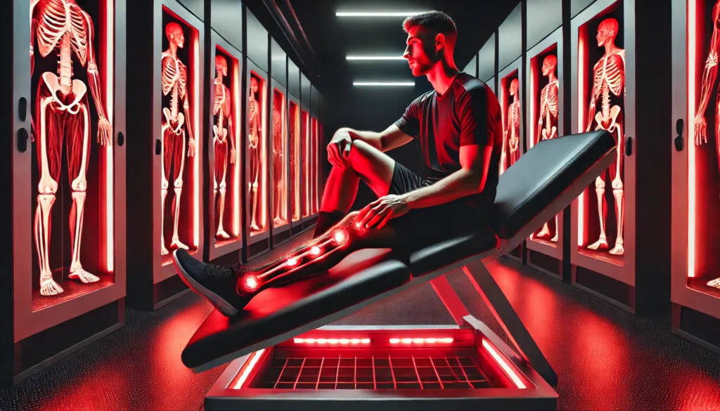 Red Light Therapy for Tendon Repair: A Game-Changer in Athletic Recovery & Regeneration 2 A professional athlete receiving red light therapy on their Achilles tendon, surrounded by modern sports recovery technology in a high-tech treatment setting