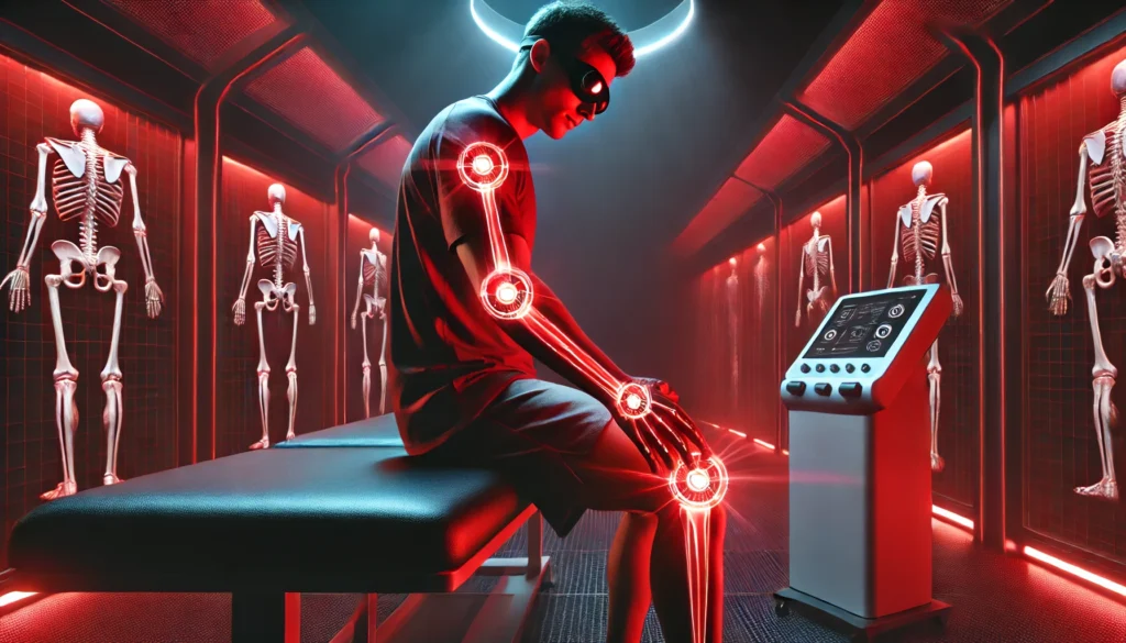 Red Light Therapy for Tendon Repair: A Game-Changer in Athletic Recovery & Regeneration 3 A futuristic sports rehabilitation facility where an athlete receives red light therapy on their elbow, highlighted by deep red light and cutting-edge medical equipment.