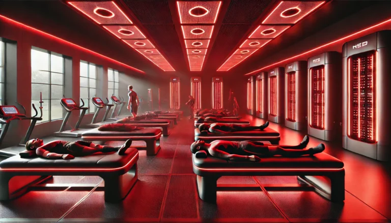 Futuristic red light therapy gym with deep red and near-infrared lights illuminating sleek therapy beds, where athletes are recovering and enhancing muscle performance